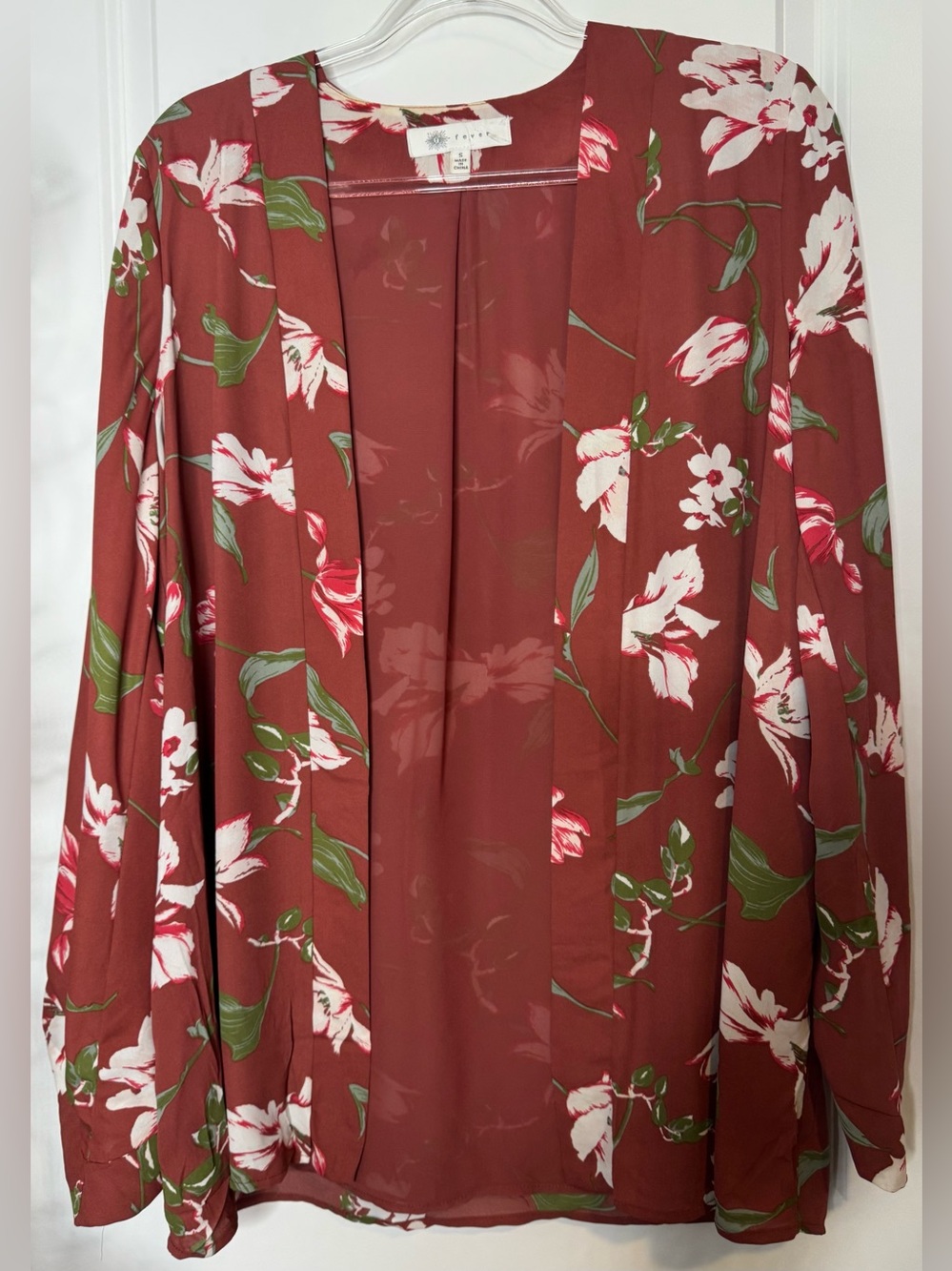 Fever Rust Floral Open-Front Kimono long sleeve sz SM oversized boho fall